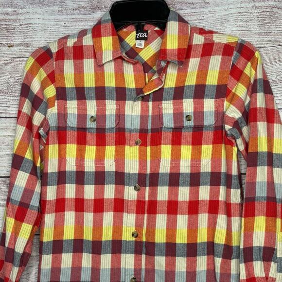Tea Collection Long Sleeve Button Down Multi Colored Flannel Shirt Size 12 - Picture 8 of 10